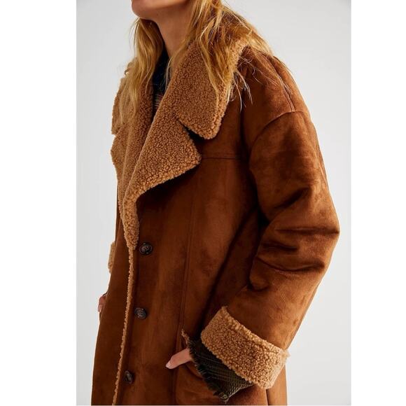 Free People Western Bohemian Retro 70s Winter Faux Sherpa Suede Diogo Coat Small - Picture 5 of 13